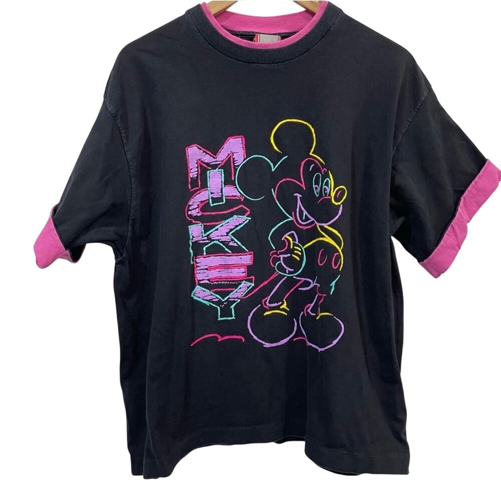 Disney Mickey Mouse 90’s Vintage Neon Pink Black Tee Shirt One Size Fit All